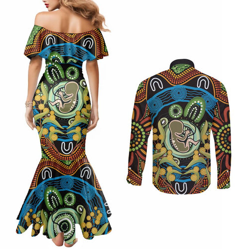Baby in the Womb Couples Matching Mermaid Dress and Long Sleeve Button Shirt Aboriginal Art Style