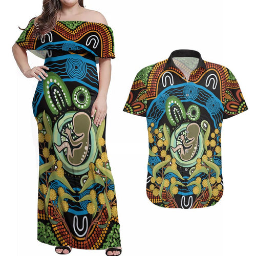 Baby in the Womb Couples Matching Off Shoulder Maxi Dress and Hawaiian Shirt Aboriginal Art Style