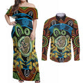 Baby in the Womb Couples Matching Off Shoulder Maxi Dress and Long Sleeve Button Shirt Aboriginal Art Style