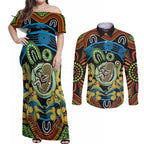 Baby in the Womb Couples Matching Off Shoulder Maxi Dress and Long Sleeve Button Shirt Aboriginal Art Style