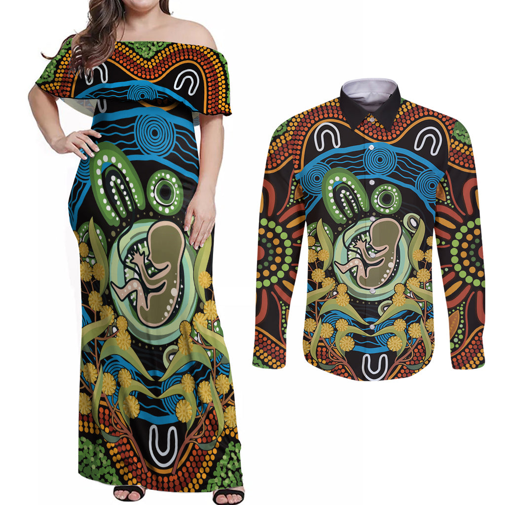 Baby in the Womb Couples Matching Off Shoulder Maxi Dress and Long Sleeve Button Shirt Aboriginal Art Style