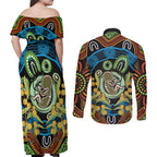 Baby in the Womb Couples Matching Off Shoulder Maxi Dress and Long Sleeve Button Shirt Aboriginal Art Style