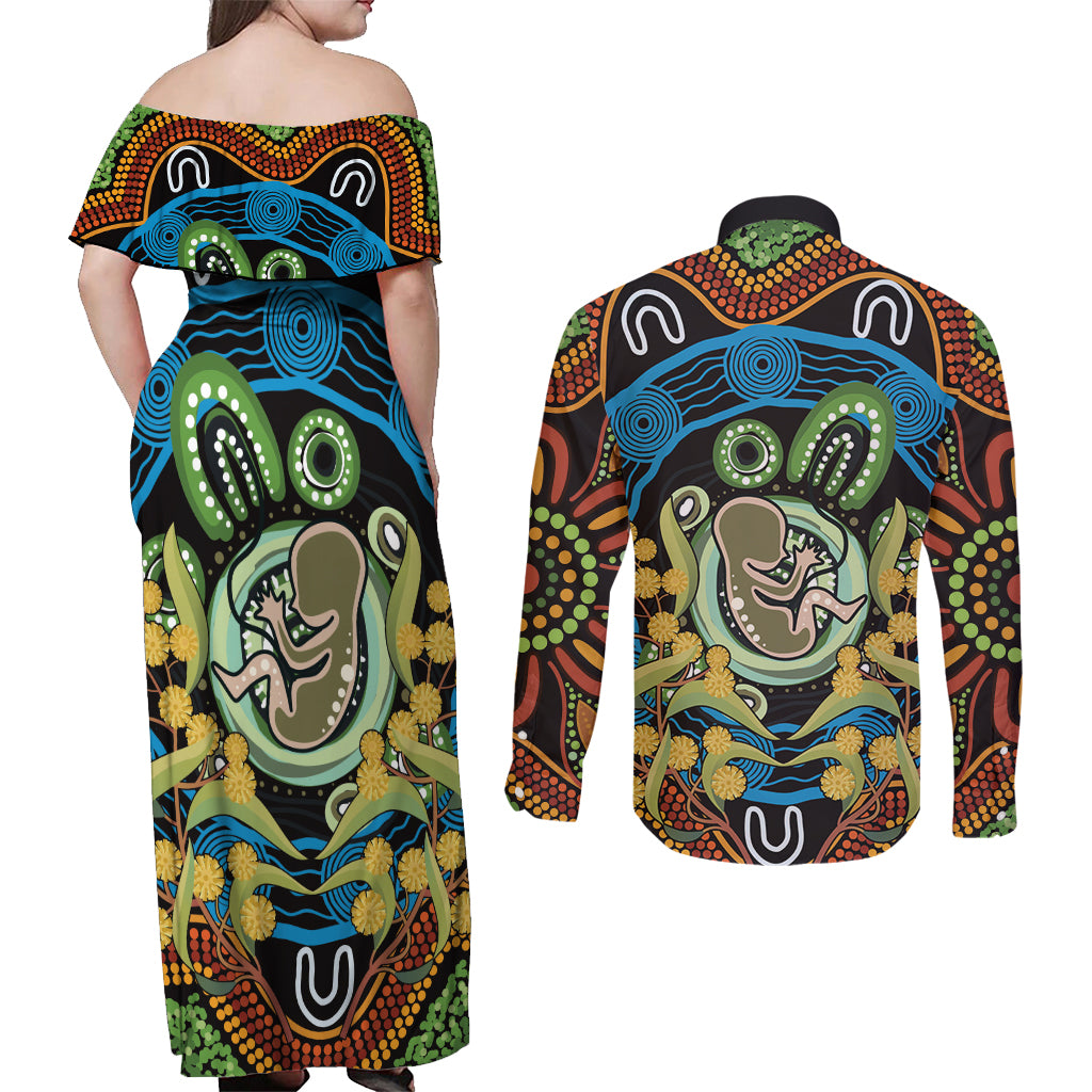 Baby in the Womb Couples Matching Off Shoulder Maxi Dress and Long Sleeve Button Shirt Aboriginal Art Style