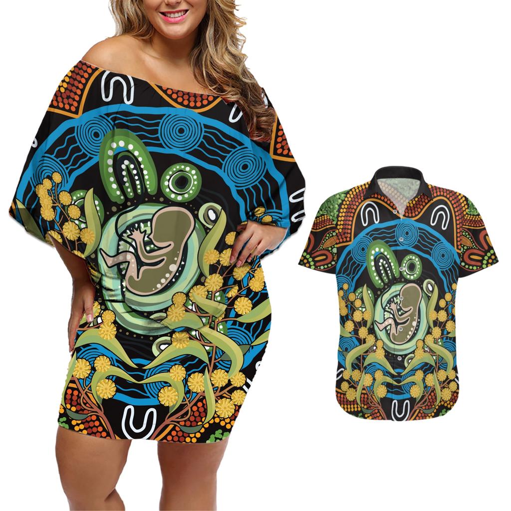Baby in the Womb Couples Matching Off Shoulder Short Dress and Hawaiian Shirt Aboriginal Art Style