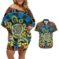 Baby in the Womb Couples Matching Off Shoulder Short Dress and Hawaiian Shirt Aboriginal Art Style