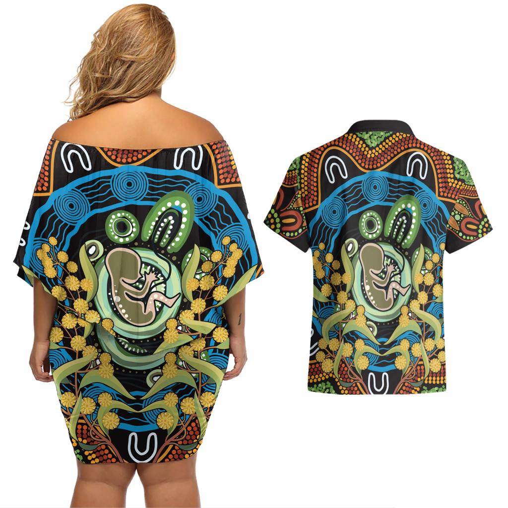 Baby in the Womb Couples Matching Off Shoulder Short Dress and Hawaiian Shirt Aboriginal Art Style