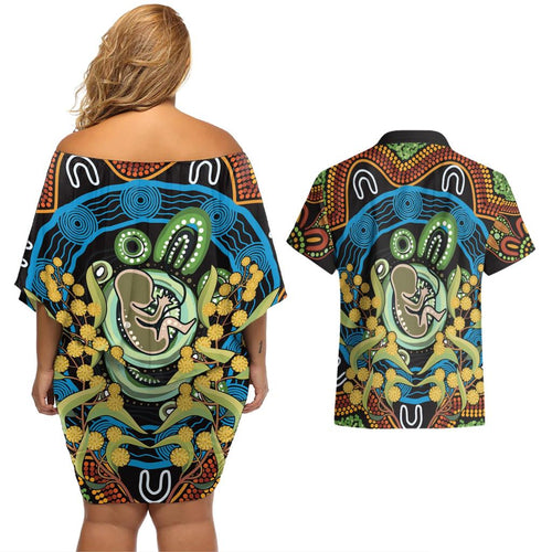 Baby in the Womb Couples Matching Off Shoulder Short Dress and Hawaiian Shirt Aboriginal Art Style