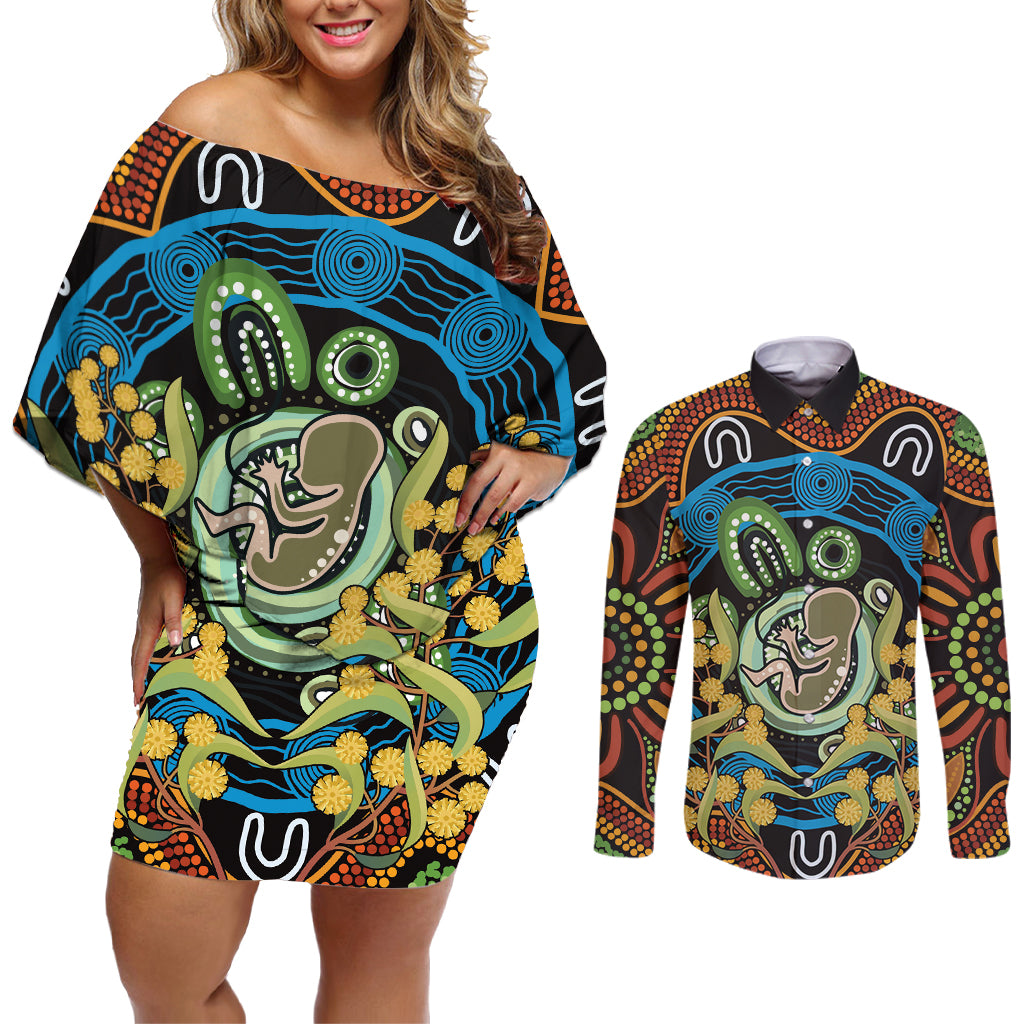 Baby in the Womb Couples Matching Off Shoulder Short Dress and Long Sleeve Button Shirt Aboriginal Art Style
