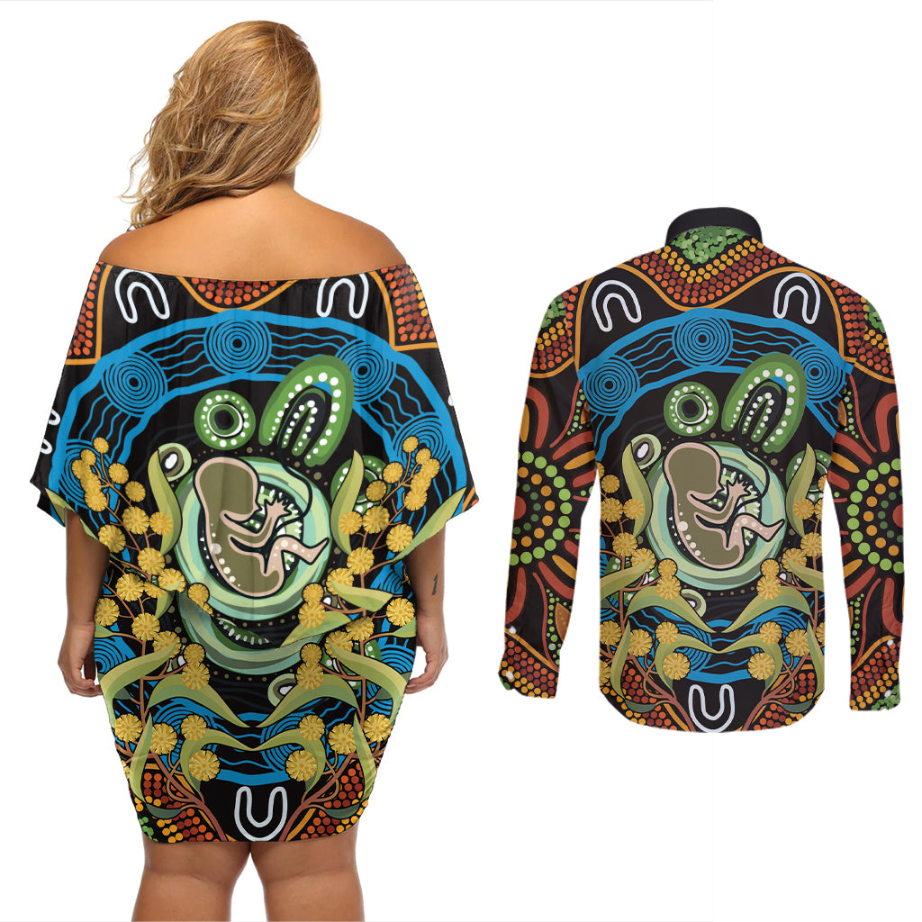 Baby in the Womb Couples Matching Off Shoulder Short Dress and Long Sleeve Button Shirt Aboriginal Art Style