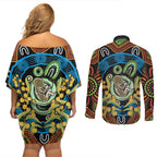 Baby in the Womb Couples Matching Off Shoulder Short Dress and Long Sleeve Button Shirt Aboriginal Art Style