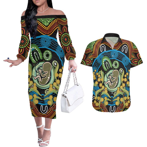Baby in the Womb Couples Matching Off The Shoulder Long Sleeve Dress and Hawaiian Shirt Aboriginal Art Style