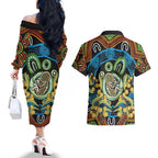 Baby in the Womb Couples Matching Off The Shoulder Long Sleeve Dress and Hawaiian Shirt Aboriginal Art Style