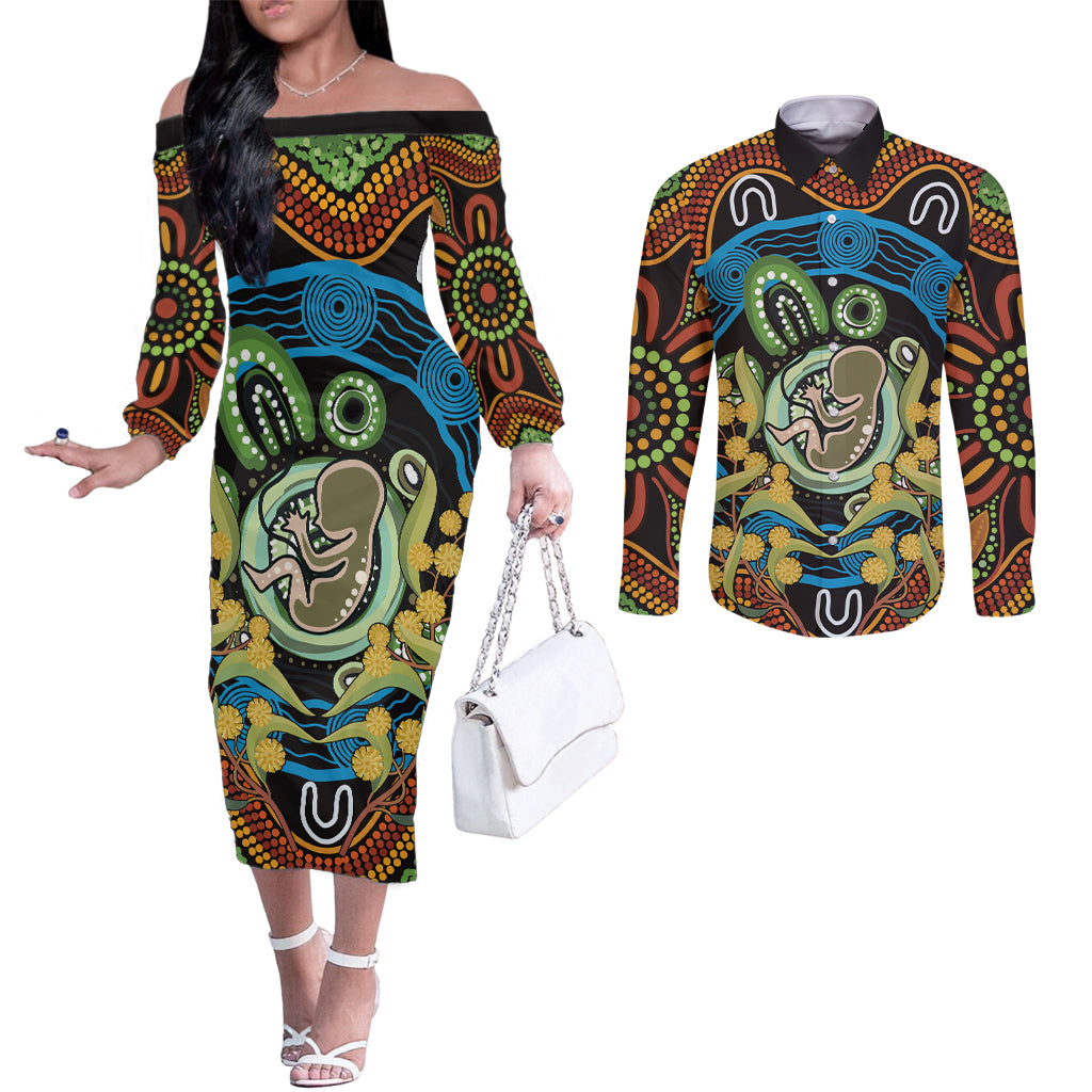 Baby in the Womb Couples Matching Off The Shoulder Long Sleeve Dress and Long Sleeve Button Shirt Aboriginal Art Style
