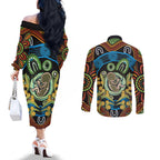 Baby in the Womb Couples Matching Off The Shoulder Long Sleeve Dress and Long Sleeve Button Shirt Aboriginal Art Style