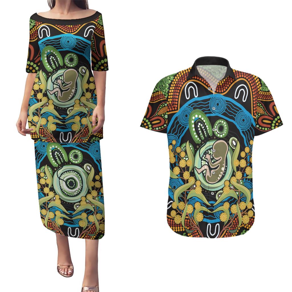 Baby in the Womb Couples Matching Puletasi and Hawaiian Shirt Aboriginal Art Style