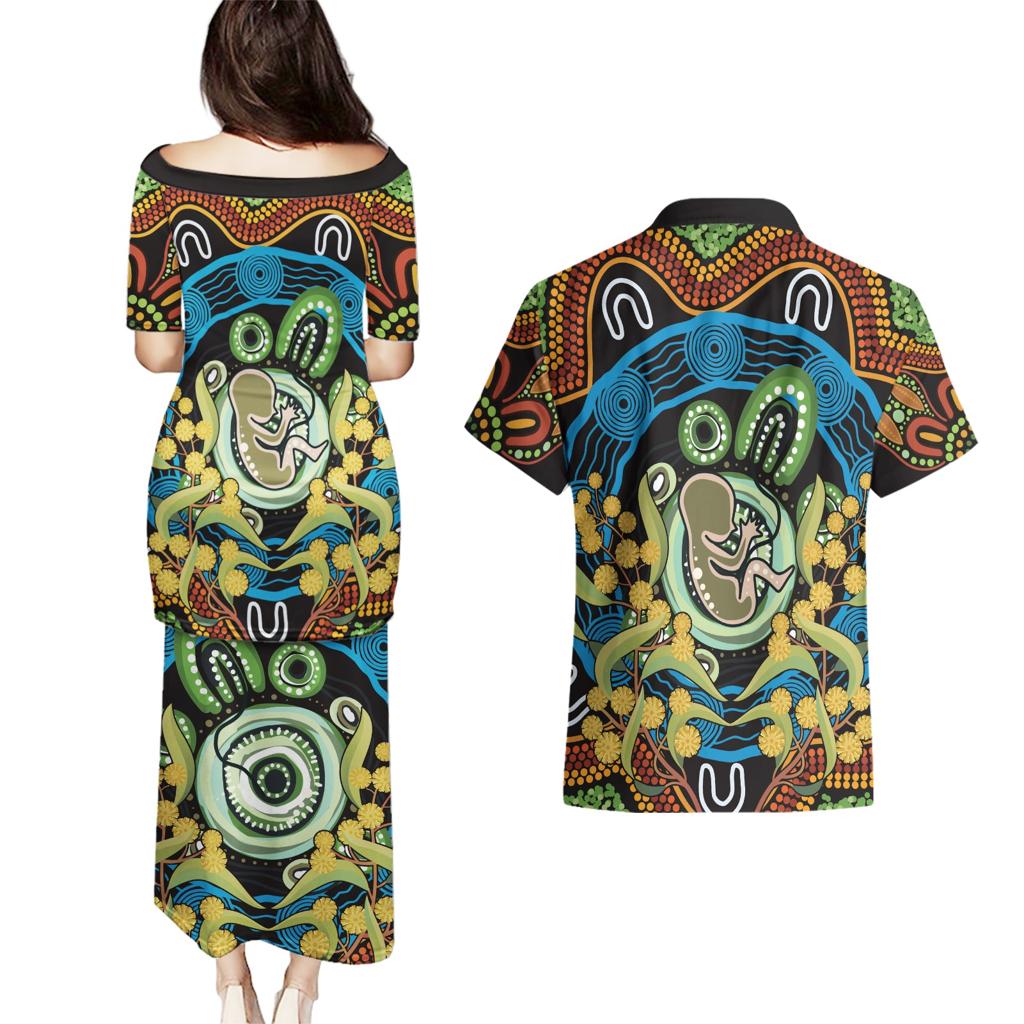 Baby in the Womb Couples Matching Puletasi and Hawaiian Shirt Aboriginal Art Style