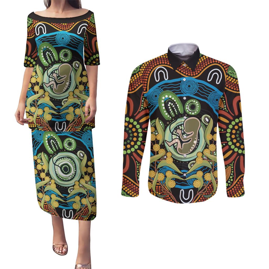 Baby in the Womb Couples Matching Puletasi and Long Sleeve Button Shirt Aboriginal Art Style