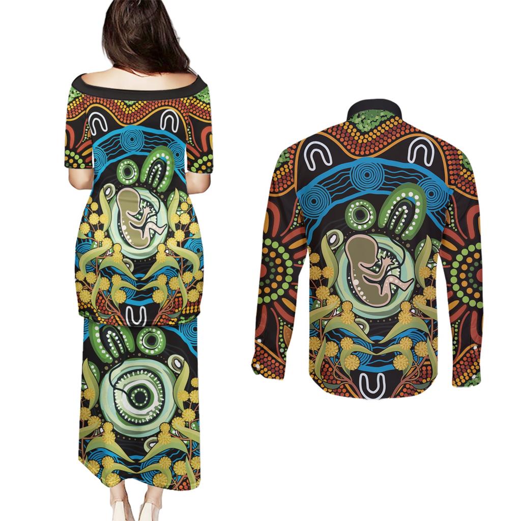 Baby in the Womb Couples Matching Puletasi and Long Sleeve Button Shirt Aboriginal Art Style