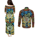 Baby in the Womb Couples Matching Puletasi and Long Sleeve Button Shirt Aboriginal Art Style