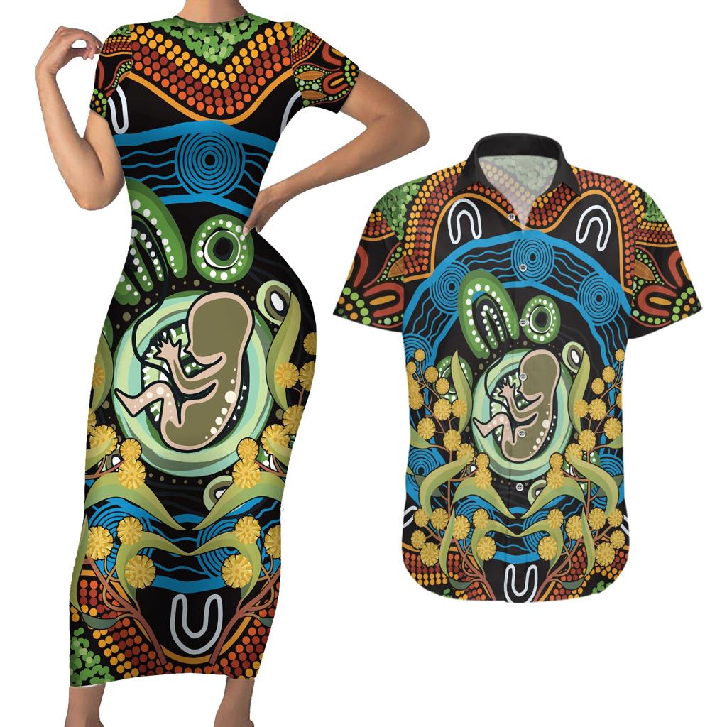 Baby in the Womb Couples Matching Short Sleeve Bodycon Dress and Hawaiian Shirt Aboriginal Art Style