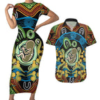 Baby in the Womb Couples Matching Short Sleeve Bodycon Dress and Hawaiian Shirt Aboriginal Art Style