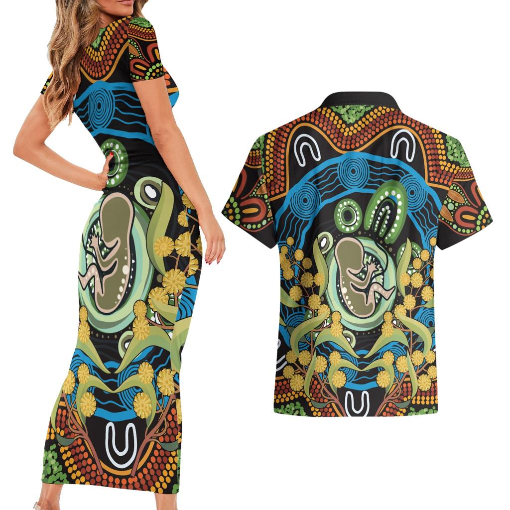 Baby in the Womb Couples Matching Short Sleeve Bodycon Dress and Hawaiian Shirt Aboriginal Art Style