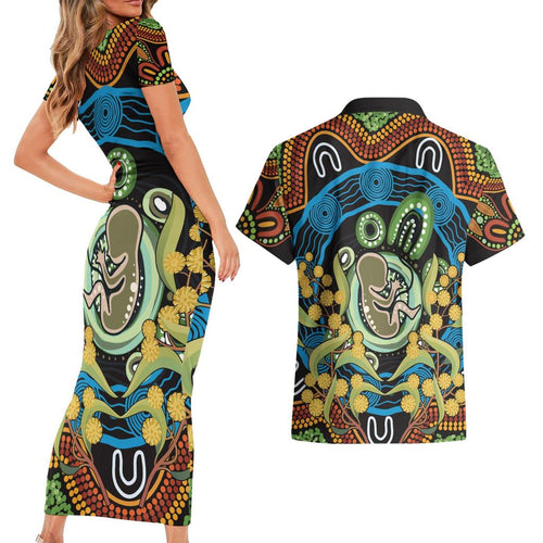 Baby in the Womb Couples Matching Short Sleeve Bodycon Dress and Hawaiian Shirt Aboriginal Art Style