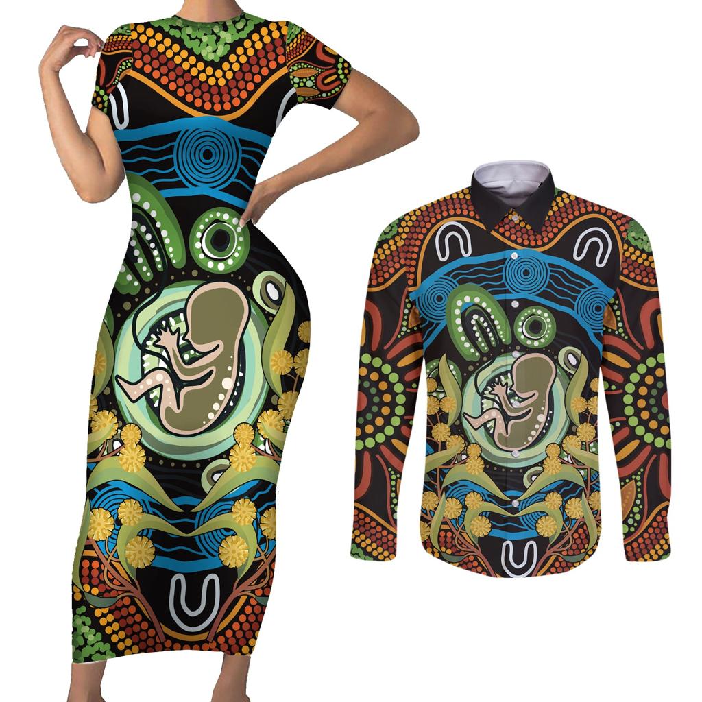 Baby in the Womb Couples Matching Short Sleeve Bodycon Dress and Long Sleeve Button Shirt Aboriginal Art Style