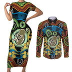 Baby in the Womb Couples Matching Short Sleeve Bodycon Dress and Long Sleeve Button Shirt Aboriginal Art Style