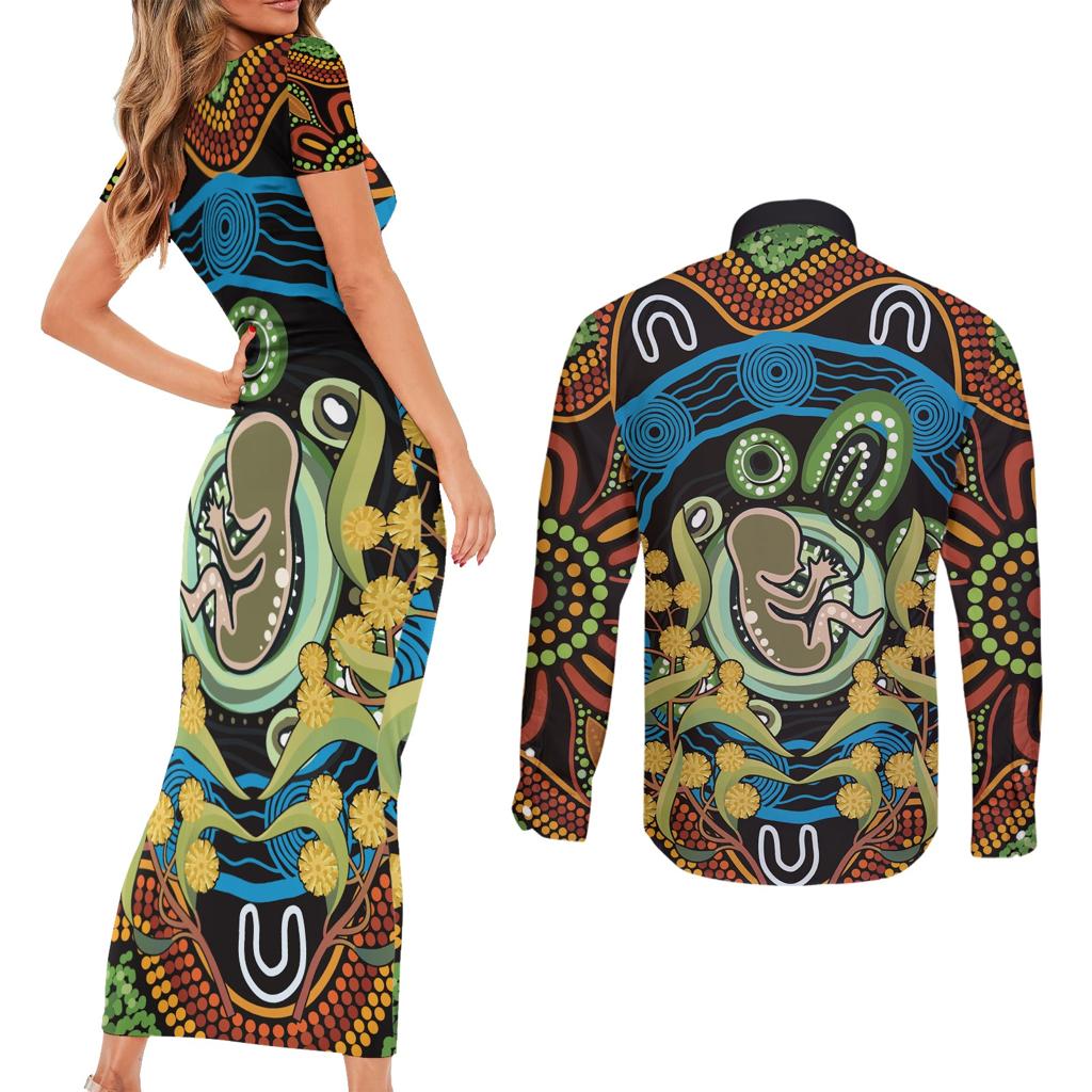 Baby in the Womb Couples Matching Short Sleeve Bodycon Dress and Long Sleeve Button Shirt Aboriginal Art Style