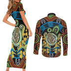 Baby in the Womb Couples Matching Short Sleeve Bodycon Dress and Long Sleeve Button Shirt Aboriginal Art Style