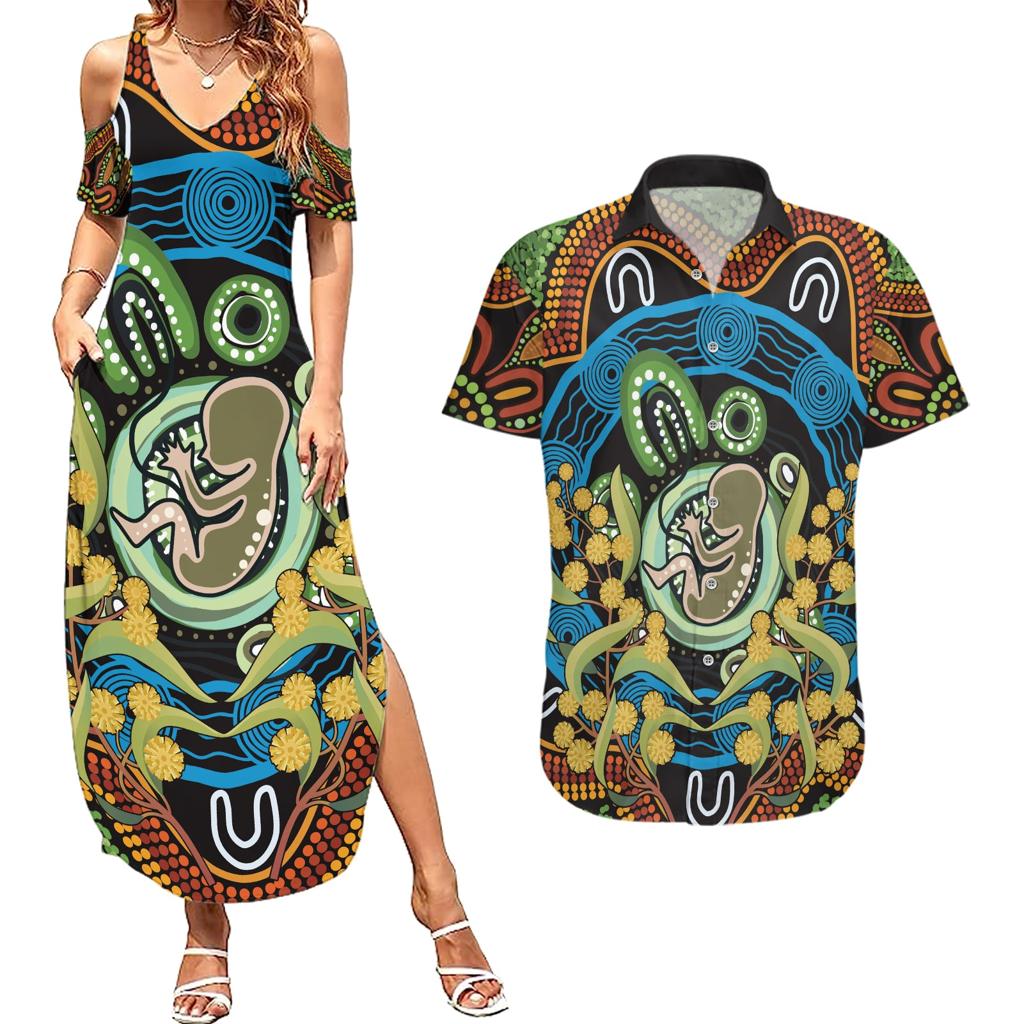 Baby in the Womb Couples Matching Summer Maxi Dress and Hawaiian Shirt Aboriginal Art Style