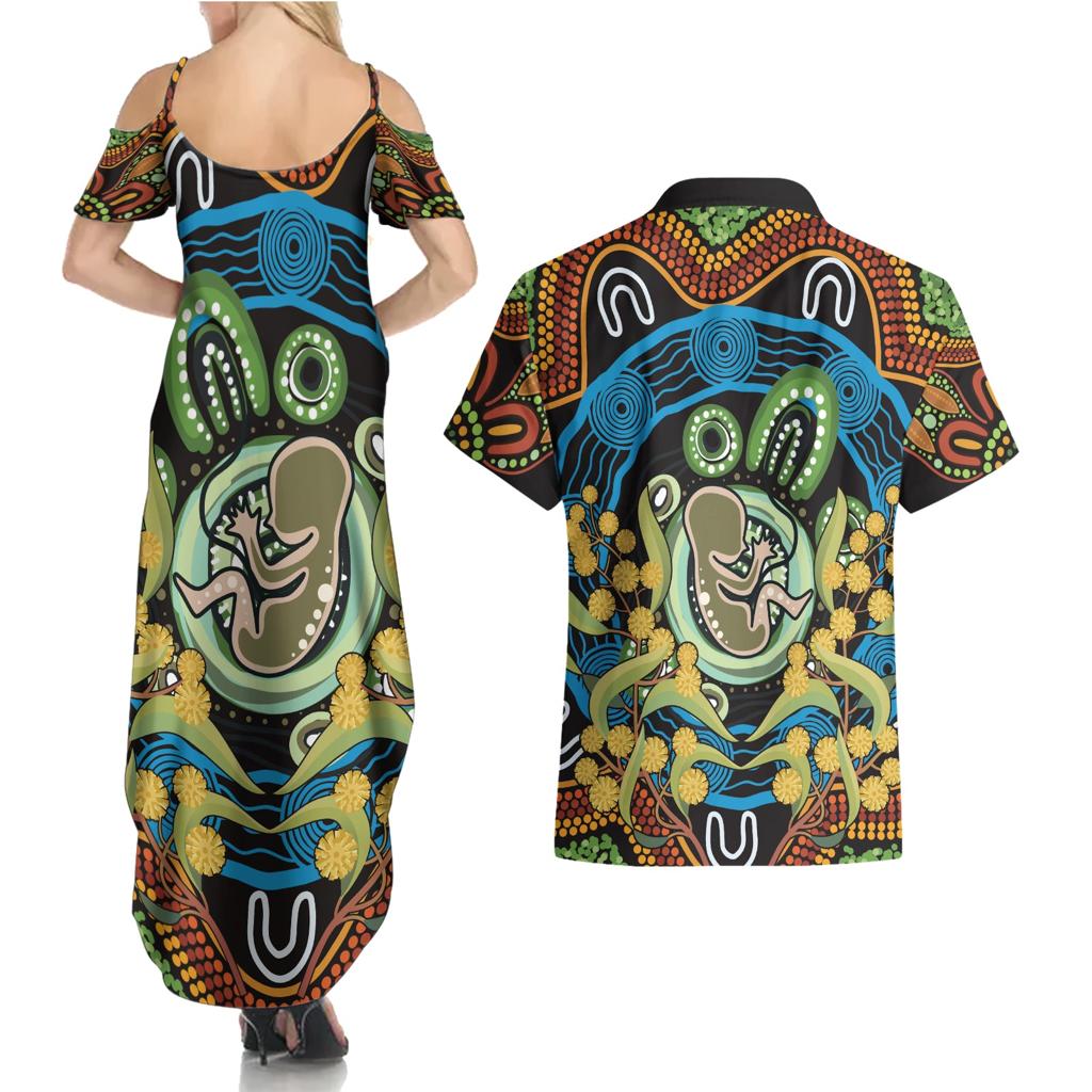 Baby in the Womb Couples Matching Summer Maxi Dress and Hawaiian Shirt Aboriginal Art Style