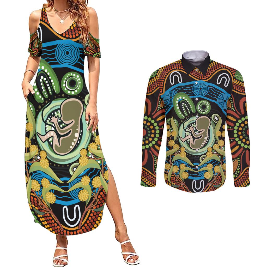Baby in the Womb Couples Matching Summer Maxi Dress and Long Sleeve Button Shirt Aboriginal Art Style