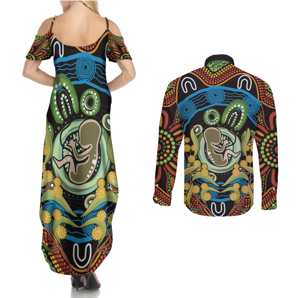 Baby in the Womb Couples Matching Summer Maxi Dress and Long Sleeve Button Shirt Aboriginal Art Style