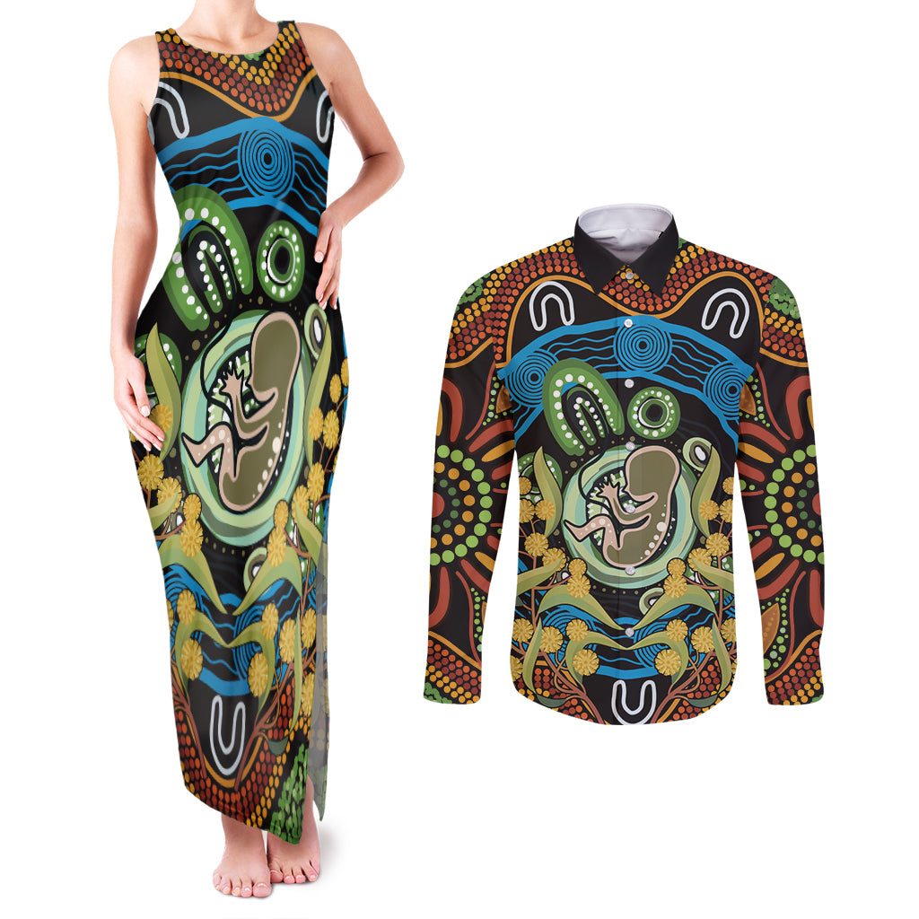 Baby in the Womb Couples Matching Tank Maxi Dress and Long Sleeve Button Shirt Aboriginal Art Style