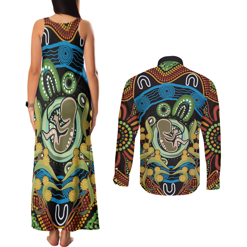 Baby in the Womb Couples Matching Tank Maxi Dress and Long Sleeve Button Shirt Aboriginal Art Style