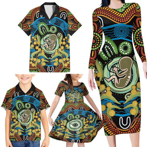 Baby in the Womb Family Matching Long Sleeve Bodycon Dress and Hawaiian Shirt Aboriginal Art Style