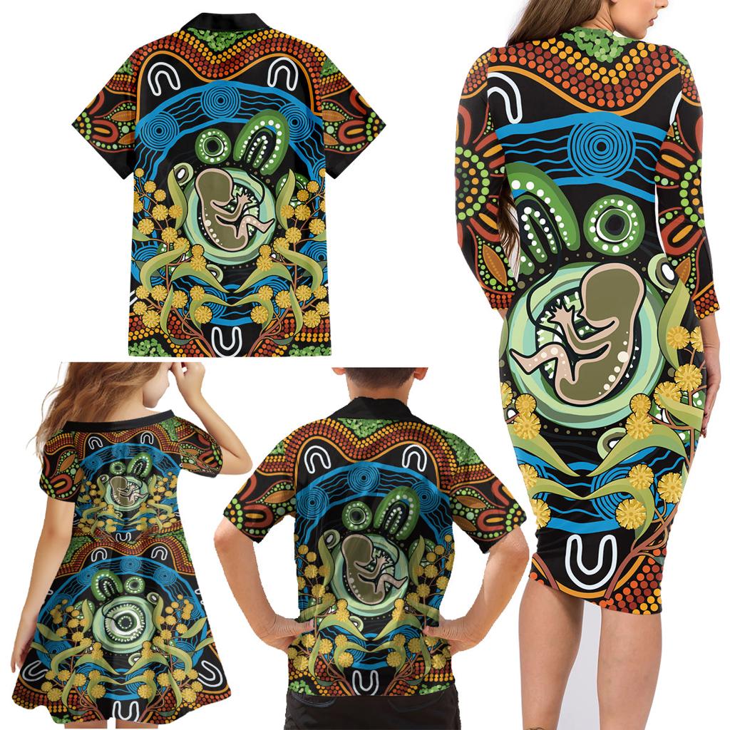 Baby in the Womb Family Matching Long Sleeve Bodycon Dress and Hawaiian Shirt Aboriginal Art Style