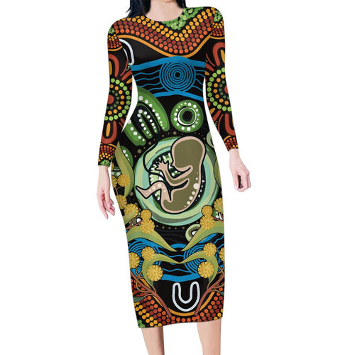 Baby in the Womb Family Matching Long Sleeve Bodycon Dress and Hawaiian Shirt Aboriginal Art Style