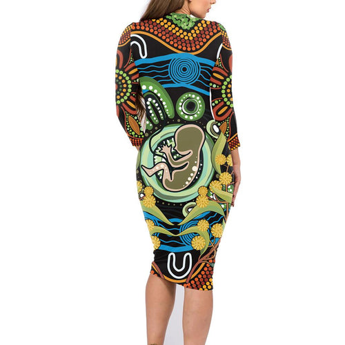 Baby in the Womb Family Matching Long Sleeve Bodycon Dress and Hawaiian Shirt Aboriginal Art Style
