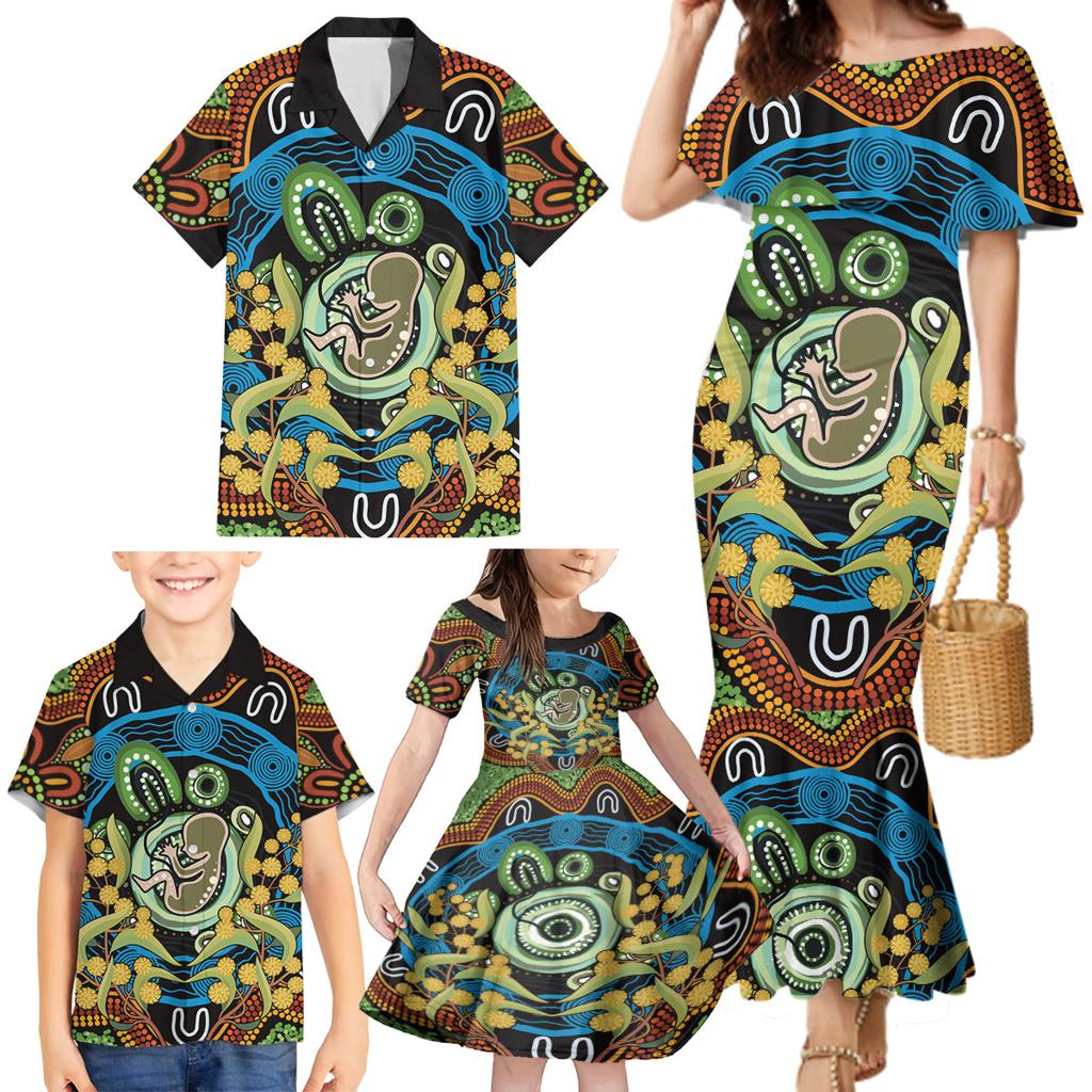 Baby in the Womb Family Matching Mermaid Dress and Hawaiian Shirt Aboriginal Art Style