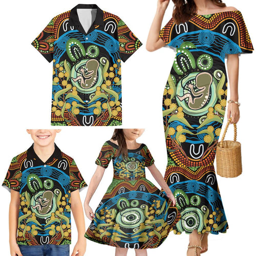 Baby in the Womb Family Matching Mermaid Dress and Hawaiian Shirt Aboriginal Art Style