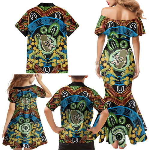 Baby in the Womb Family Matching Mermaid Dress and Hawaiian Shirt Aboriginal Art Style