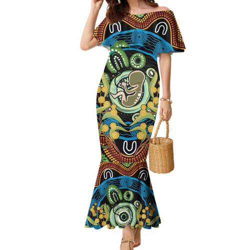 Baby in the Womb Family Matching Mermaid Dress and Hawaiian Shirt Aboriginal Art Style