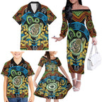 Baby in the Womb Family Matching Off The Shoulder Long Sleeve Dress and Hawaiian Shirt Aboriginal Art Style