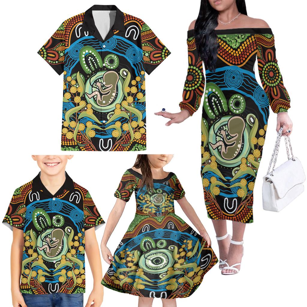 Baby in the Womb Family Matching Off The Shoulder Long Sleeve Dress and Hawaiian Shirt Aboriginal Art Style