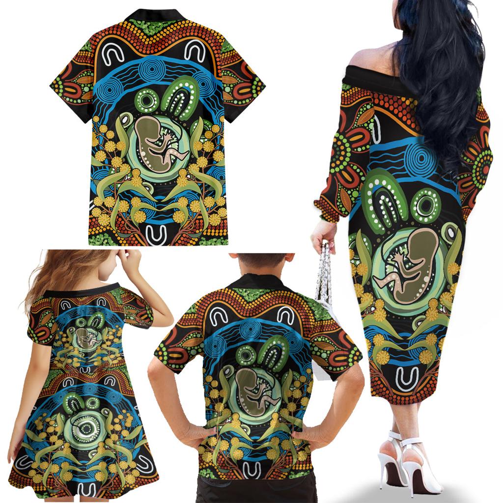 Baby in the Womb Family Matching Off The Shoulder Long Sleeve Dress and Hawaiian Shirt Aboriginal Art Style