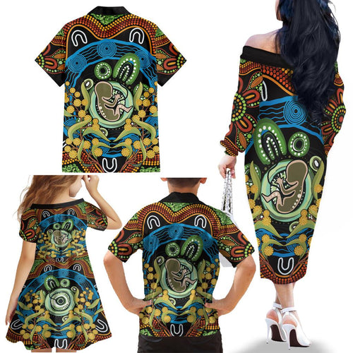 Baby in the Womb Family Matching Off The Shoulder Long Sleeve Dress and Hawaiian Shirt Aboriginal Art Style