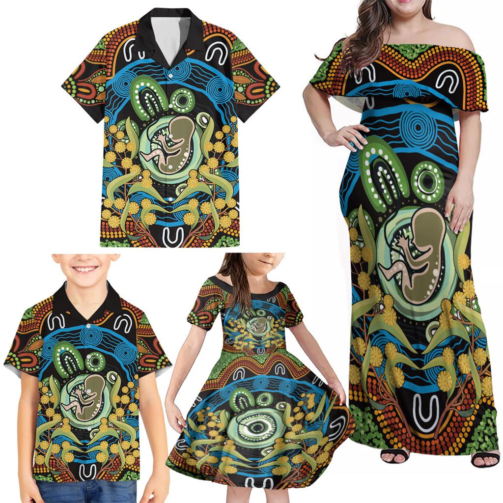 Baby in the Womb Family Matching Off Shoulder Maxi Dress and Hawaiian Shirt Aboriginal Art Style
